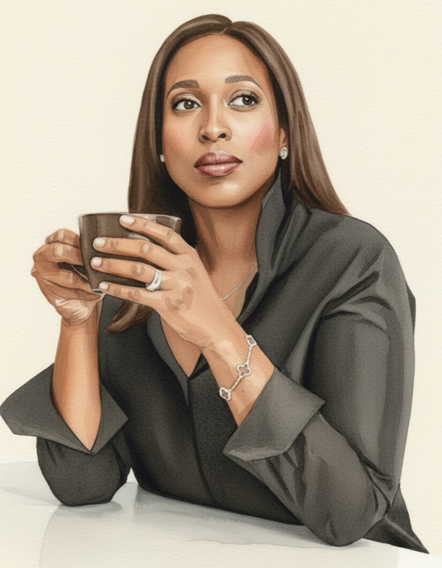 Watercolour portrait of Faith McCoy Scriven holding a cup of coffee.